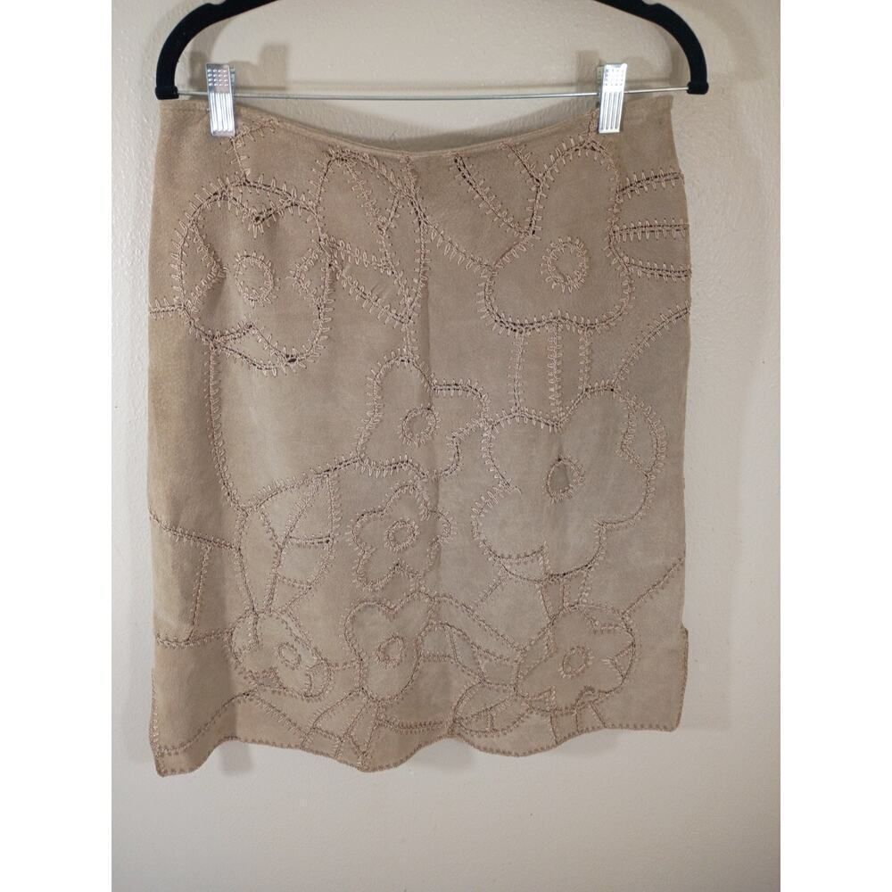 Suedessence Suede Skirt Open Floral Stitching Tan Sz 10 Boho Festival Western...
